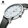 WWOOR-Montre-bracelet ultra fine en diamant pour homme montres étanches en cuir horloge à quartz