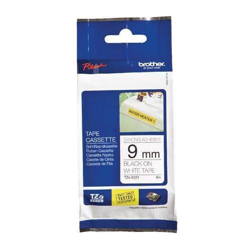 Brother TZe-S221 Authentic Schriftband Extra-stark klebend Schwarzer Druck auf Weiß 9 mm x 8m Image