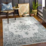 Wandina 5'3" Round Traditional Teal/Light Gray/Medium Gray/Taupe/Cream/Dark Blue/Gray/Pale Blue/Tan/Navy Area Rug - Hauteloom