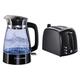 Russell Hobbs Toaster Textures+, 2 extra breite Toastschlitze, Brötchenaufsatz, 850W, schwarz 22601-56 & Wasserkocher Glas Classic Design mit LED-Beleuchtung (1,7l, 2400W) 26080-70