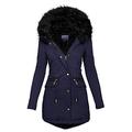 Buetory Women's Hooded Winter Coat Warm Fleeced Lined Parka Long Jackets Overcoat Fashion Casual Faux Fur Trench Coat Navy