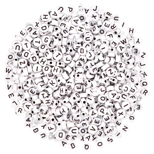 Perles ""alphabet"", blanc/noir, 7 mm Ø, 50 g