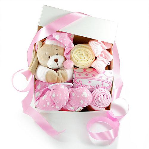 Geschenkbox zur Geburt SPIELUHR TEDDYBÄR Geschenkkorb 6-teilig rosa