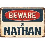SignMission Beware of Nathan Sign Plastic in Blue/Brown/Red | 3.5 H x 5 W x 0.1 D in | Wayfair Z-D-3.5-BW-Nathan