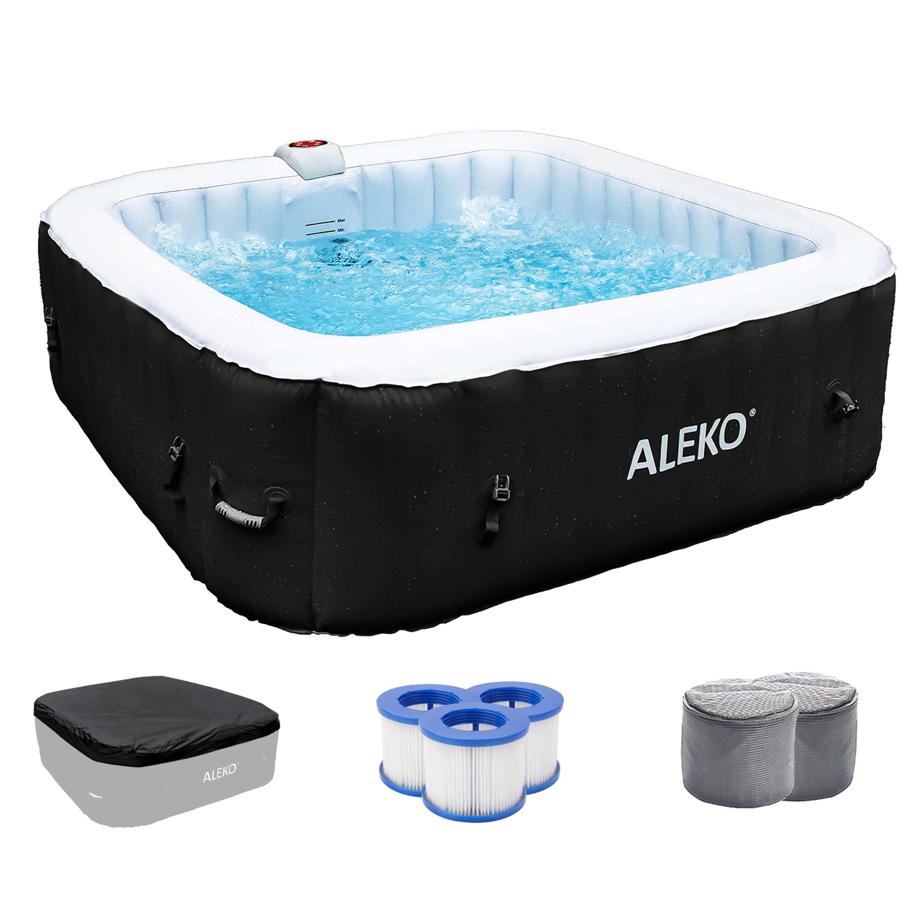 ALEKO Square Inflatable Jetted 6 Person Hot Tub Spa With Cover - Black