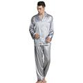 DEBAIJIA Mens Robe Silk Sleepwear Pajamas Trousers Satin Set Loungewear Male Top Button Up Long Sleeve Nightwear (Gray-XXXL)