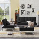 3PCS Modern Fabric Couch Convertible Folding Futon Sofa Set with 2 Cup Holders&Single Sofabed&Ottoman, Grey