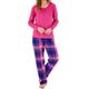 Slenderella Ladies Womens Luxury Soft Yarn Dyed Cotton Plain Long Sleeve Top & Pink & Blue Check Trousers Traditional Pyjamas Medium 12/14