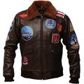 Top Gun Jacket for Men | Real Leather Aviator Flying Pilot Jacket | Multiple Patches G1 Fur Collar Brown Bomber Jacket | Aviator Fur Collar Jacket with Embroidery Patches (Gun Jacket, XL)