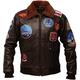 Top Gun Jacket for Men | Real Leather Aviator Flying Pilot Jacket | Multiple Patches G1 Fur Collar Brown Bomber Jacket | Aviator Fur Collar Jacket with Embroidery Patches (Gun Jacket, XL)
