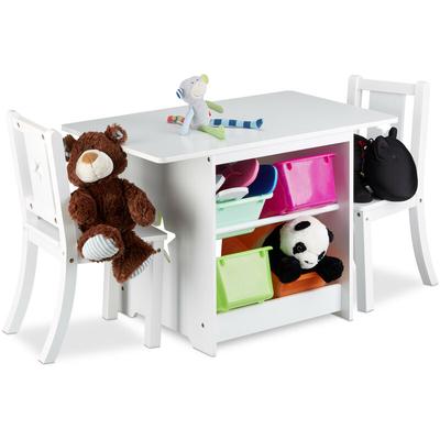 Relaxdays - Kindersitzgruppe albus mit Stauraum, 1 Tisch und 2 Stühle aus Holz, Kindertischgruppe Image
