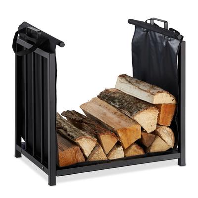 Kaminholzständer mit Holztragetasche, für innen, modernes Design, Kaminregal Stahl, hbt: 50x51x37