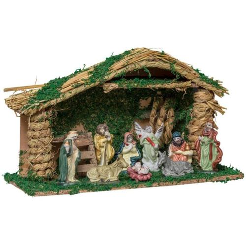 Weihnachtskrippe mit Krippenfiguren 9 Krippenfiguren Porzellan h 22 cm - Holz / Schaum