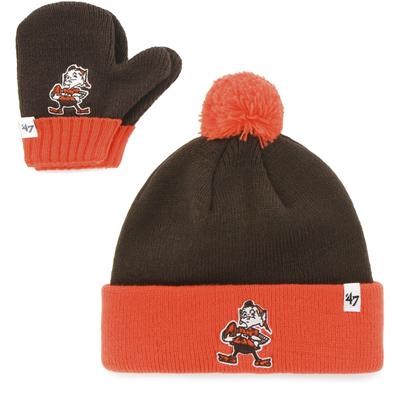 "Infant '47 Brown/Orange Cleveland Browns Team Bam Cuffed Knit Hat With Pom and Mittens Set"