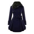 Winter Women Coats QUINTRA Double-Breasted Padded Mid-Length Faux Fur Wool Coat Parka Quilted Coat Long Full Sleeves Cape Cardigan Belted Jacket Trench Coat Dark Blue