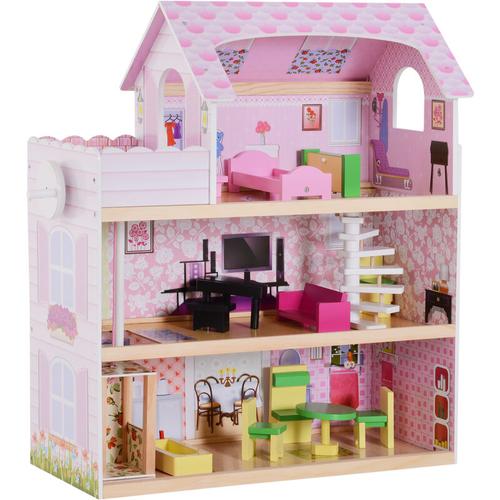 Homcom - Kinder Puppenhaus Puppenstube Dollhouse 3 Etagen mit Möbeln L60 x B30 x H71,5 cm - rosa
