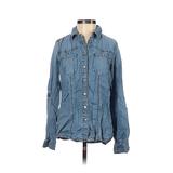 INC International Concepts Long Sleeve Button Down Shirt: Blue Solid Tops - Women's Size 0