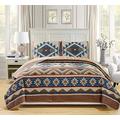 Rustic Western Southwestern Native American Tribal Navajo Design Oversized Bedspread Quilt Set in Beige Taupe Brown Blue Green Austin Taupe (Full/Queen)