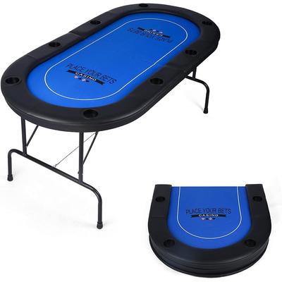 Foldable 6-8 Player Poker Table for Texas Holdem Casino Games with Faux Leather Padded Rails and Cup Holders - Blue