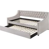 Lianna Daybed & Trundle (Twin Size) with Wooden Round Leg & Rectangular Back Panel w/Button Tufted, Fog Fabric