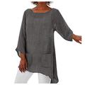 Lazzboy Women Tops Blouse 3/4 Sleeve Casual Loose Solid Artificial Linen Irregular Hem Crew O Neck Pockets Pullover Shirt (XL(14),Grey)