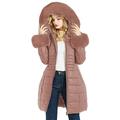 Geschallino Women’s Long Puffer Winter Coat, Parka Coat with Detachable Faux Fur Trim Hood, Black Quilted PU Coat, Pink, L