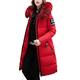 Women Winter Down Coat, Faux Fur Puffer Thicken Jacket Girls Knee Length Hooded Parka Quilted One Piece Outer Dress, Red, Large