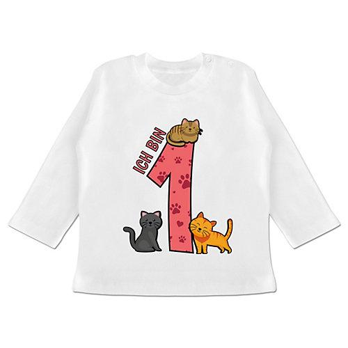 Baby Geburtstag Geburtstagsgeschenk - Baby T-Shirt langarm - 1. Geburtstag Katzen - Langarmshirts Kinder weiß Baby