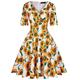 MINTLIMIT Womens 50s Vintage Autumn Dress V Neck Half Sleeve Floral Tea Cocktail Party A-Line Midi Dress,Yellow White,M