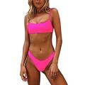 IBIZA VIBE Bikini Set Ribbed Neon Scoop Crop Top High Cut 2 Piece Brazilian Sporty Swimsuits for Women - pink - Small