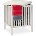 Panier à linge avec siège, Tabouret de salle de bain, style rustique, 40l, bois/tissu, 53 x 41 x 41