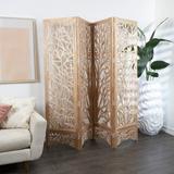 Gold Wooden Hinged Foldable Partition 4 Panel Tree Room Divider Screen with Intricately Carved Designs - 80"L x 1"W x 72"H