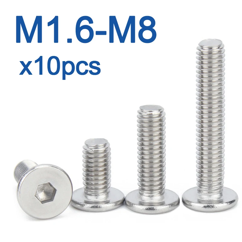 Vis à tête de plaquette Ultra fine et Super plate en acier inoxydable 304, 10 pièces/lot, M1.6 M2 M2.5 M3 M4 M5 M6 M8