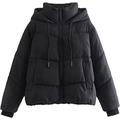 Women's Quilted Casual Parka Coat, Warm Winter Thick Down Jacket Cotton Padded Jacket with Hood Thick Zipper Loose Cropped Jacket (Black,M)