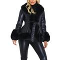 Vagbalena Women's Fashion Faux Rabbit Fur Collar Ruffle Warm Trench Coat Jacket with Belt (Black,4XL)