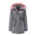 Autumn and winter women's large fur collar cotton-padded jacket with detachable cap, warm jacket, mid-length cotton-padded jacket,grey,S