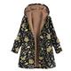 Hooded Coat for Women Winter Vintage Printed Hooded Plush Cardigan Jacket Plus Fleece Outwear (Black, L)