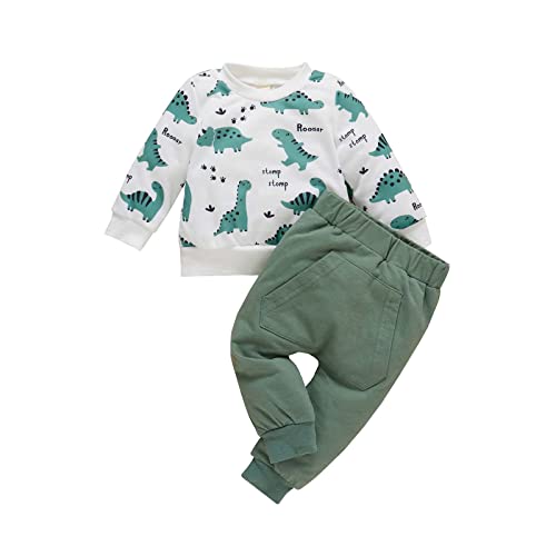 (3-24 Months) Boys Girls Clothing Long Sleeve Shirt Tops + Trousers Suit Crew Neck Plain Print Pullover Sweatshirt Set Baby Unisex Autumn and Winter Warm Casual, Green, 3-6 Months