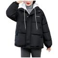 Lapirek Women's Winter Jacket Down Warm Transition Large Size Jacket Winter Quilted Jacket Cotton Jacket for Women Long Sleeve Cotton Jacket Women's Fashion Fake Two Outerwear Jackets Pocket with Hood Coats, black, XL