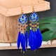 Boucles d'oreilles bohèmes longues plumes bleues pour femmes boucles d'oreilles ethniques perle de