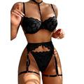 Lilosy Sexy Choker Floral Spitze Bügel Push Up Strumpfband Gürtel Dessous Set für Frauen Sheer BH und Panty 3 Stück, schwarz, Small