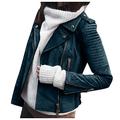 Yvelands Women's Faux Suede Jacket Long Sleeve Zipper Short Moto Biker Outwear Coat Faux Leather Retro Rivet Jackets Dark Blue