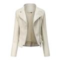 Yvelands Women's Faux Leather Casual Jacket, Fall and Winter Fashion 2021 Motorcycle Bike Coat Lightweight Vegan Pleather Crop Jackets Beige