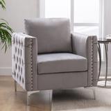 Modern Velvet Armchair Tufted Button Accent Chair Club Chair with Steel Legs for Living Room Bedroom, Grey