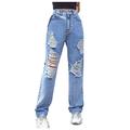 Briskorry Women's Jeans Wide Women's Jeans with High Waist and Ripped Stretch Long Trousers Fashion Blue Denim Trousers Streetwear Cowboy Casual Trousers Jeans with Straight Leg