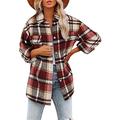 LYAZFC Women's Autumn and Winter Plus Size Lapel Loose Multicolor Plaid Woolen Single-Breasted Long-Sleeved Cardigan Jacket Red