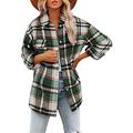 LYAZFC Women's Autumn and Winter Plus Size Lapel Loose Multicolor Plaid Woolen Single-Breasted Long-Sleeved Cardigan Jacket Gray Green