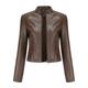 BDCUYAHSKL Autumn and Winter Casual Fashion Women's Stand-Up Collar Solid Color Short Leather Jacket Shoulder Rivet Decoration Slim Fit Zipper Jacket Thin Section Jacket Women Brown