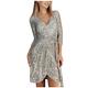 Women's Elegant Sequin Glitter V-Neck Party Dress 3/4 Sleeve A-Line Dress Evening Dress Tie Waist Sexy Wrap Mini Dress (Silver, XXL)