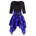 YLDCN Skirts Personality Women Casual O-Neck Lace Up Tartan Plaid Print Asymmetrical Dress Party Short Dress Skirt-Blue_L